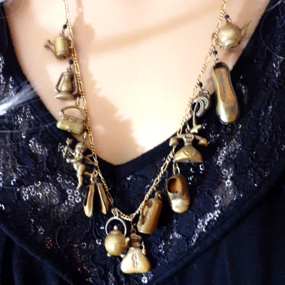 Vtg Pididdly Links Real Brass Charm Necklace - image 1